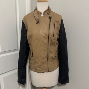 Yoki tan and black faux leather long sleeve jacket with asymmetrical zip, size L